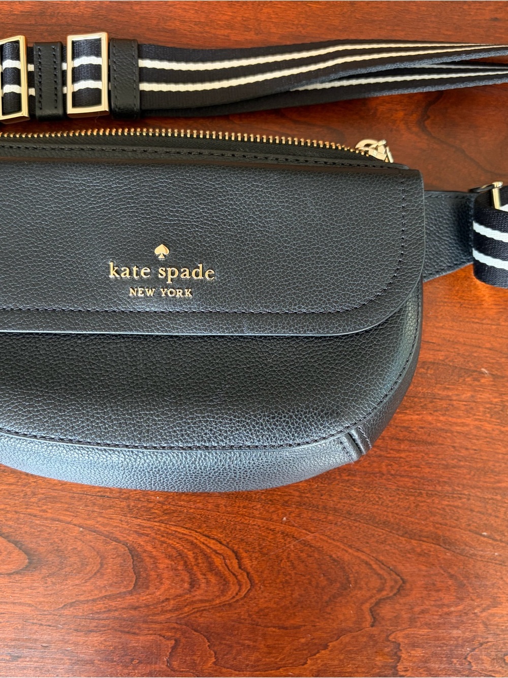 Kate Spade Black Pebbled Leather Belt Bag with Striped Strap- Gently Used